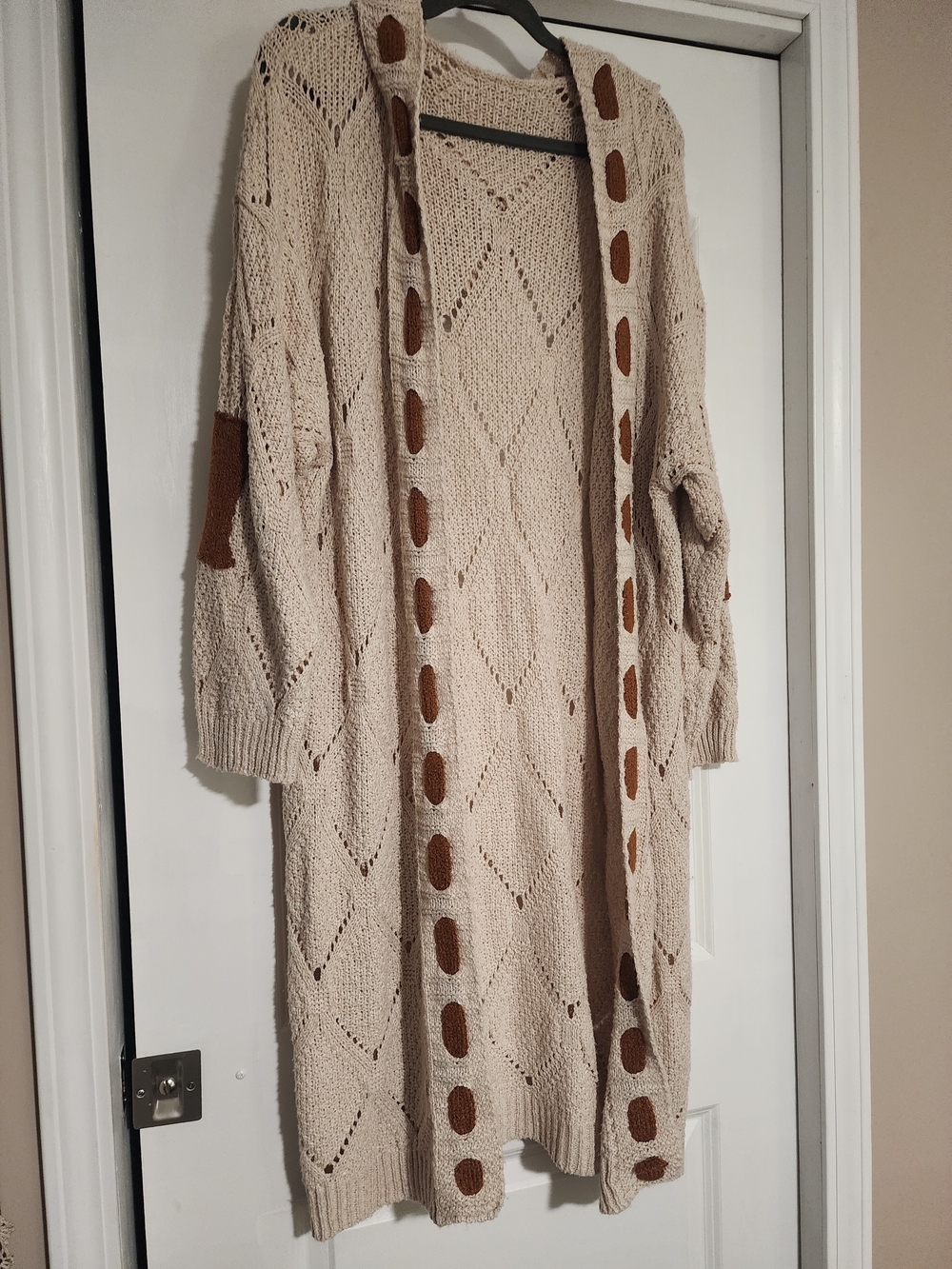 Source Unknown Cream Knit Long Cardigan with Brown Accents